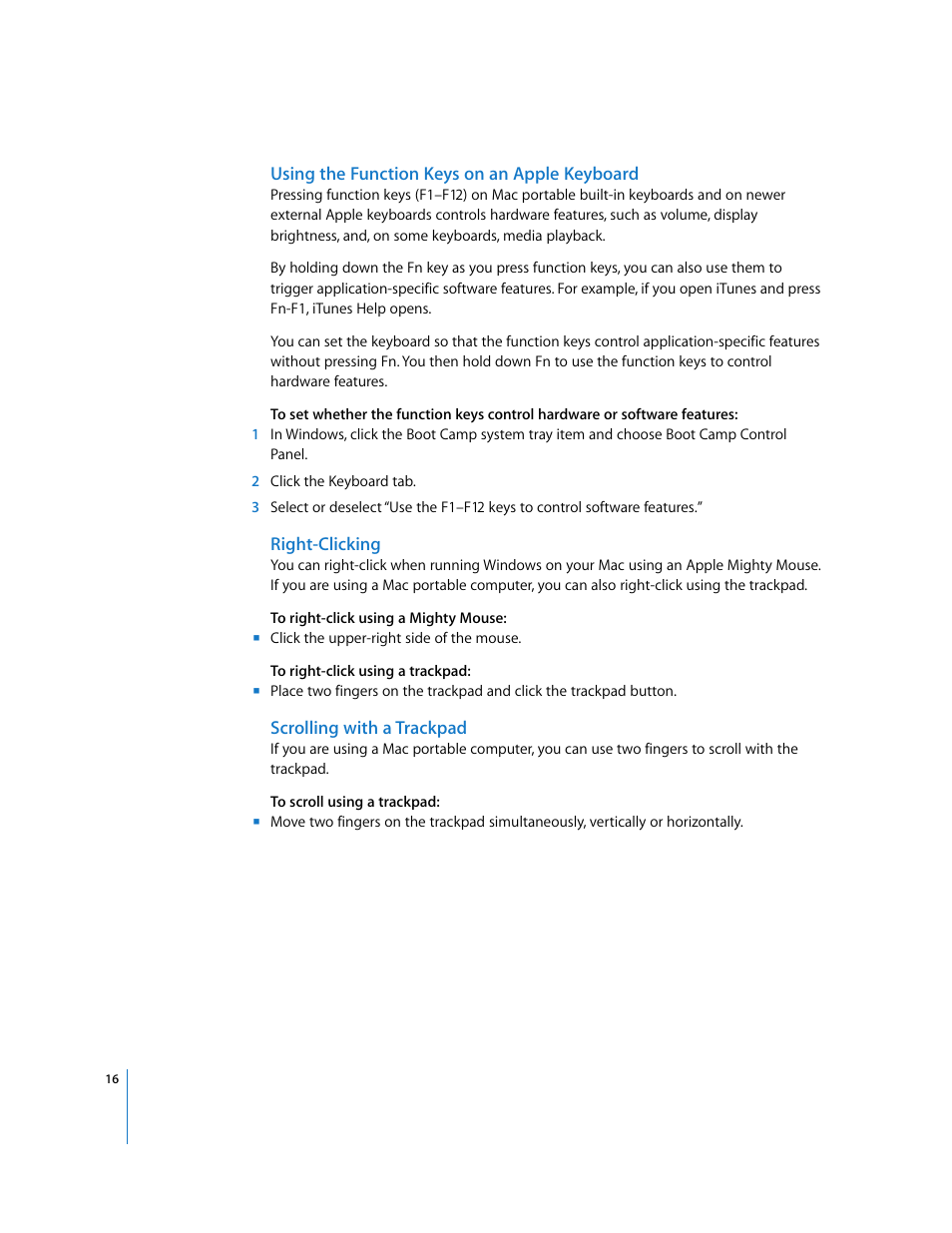 Using the function keys on an apple keyboard, Right-clicking, Scrolling with a trackpad | Apple Boot Camp (Mac OS X v10.5 Leopard) User Manual | Page 16 / 25