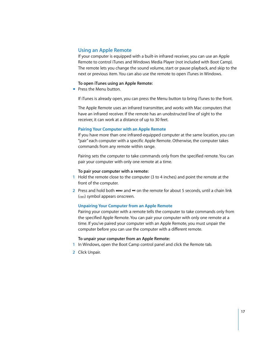 Using an apple remote | Apple Boot Camp (Mac OS X v10.5 Leopard) User Manual | Page 17 / 25