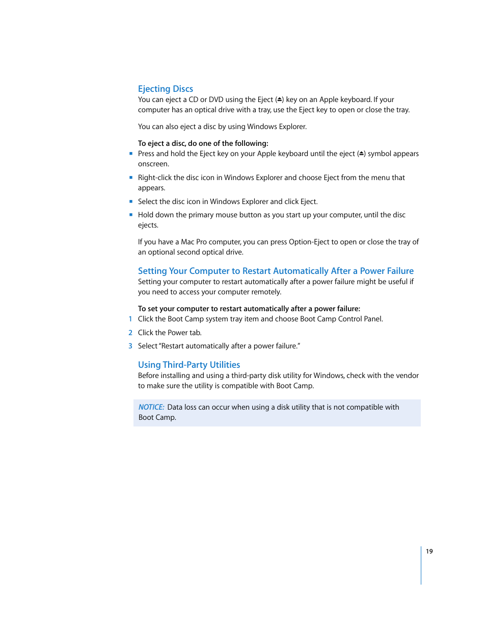 Ejecting discs, Using third-party utilities | Apple Boot Camp (Mac OS X v10.5 Leopard) User Manual | Page 19 / 25