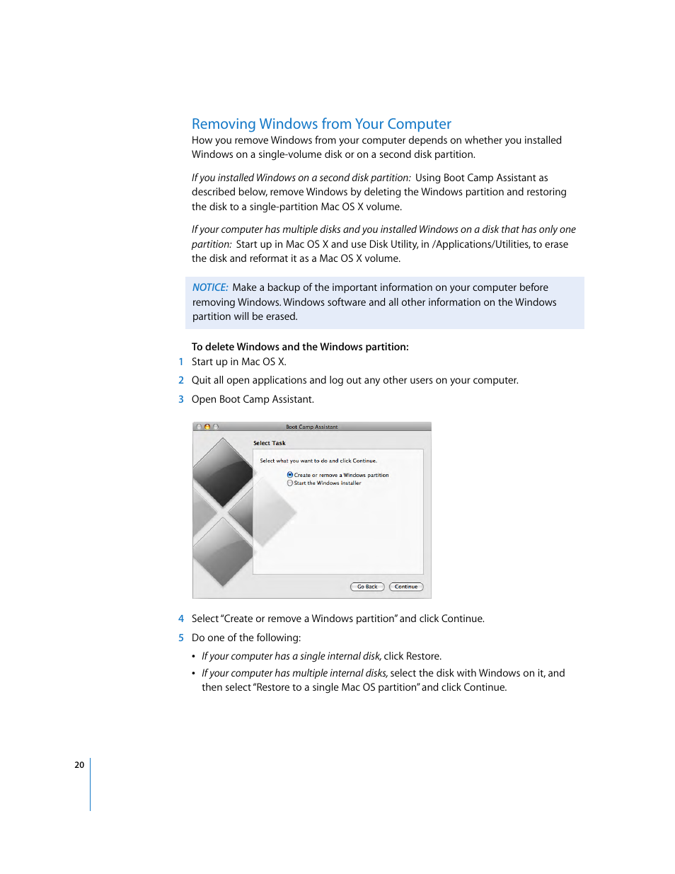Removing windows from your computer | Apple Boot Camp (Mac OS X v10.5 Leopard) User Manual | Page 20 / 25