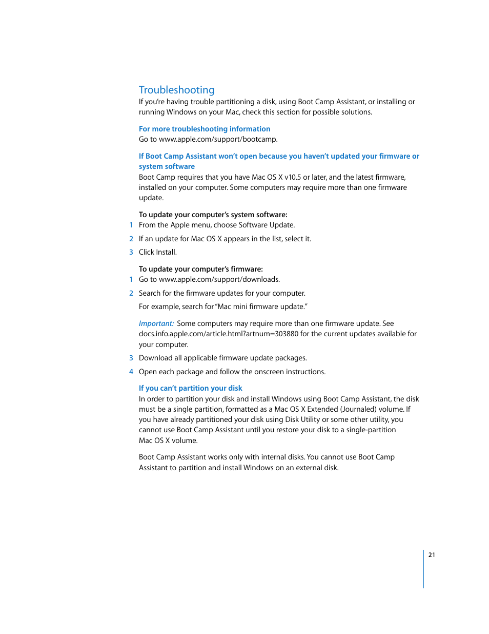 Troubleshooting | Apple Boot Camp (Mac OS X v10.5 Leopard) User Manual | Page 21 / 25