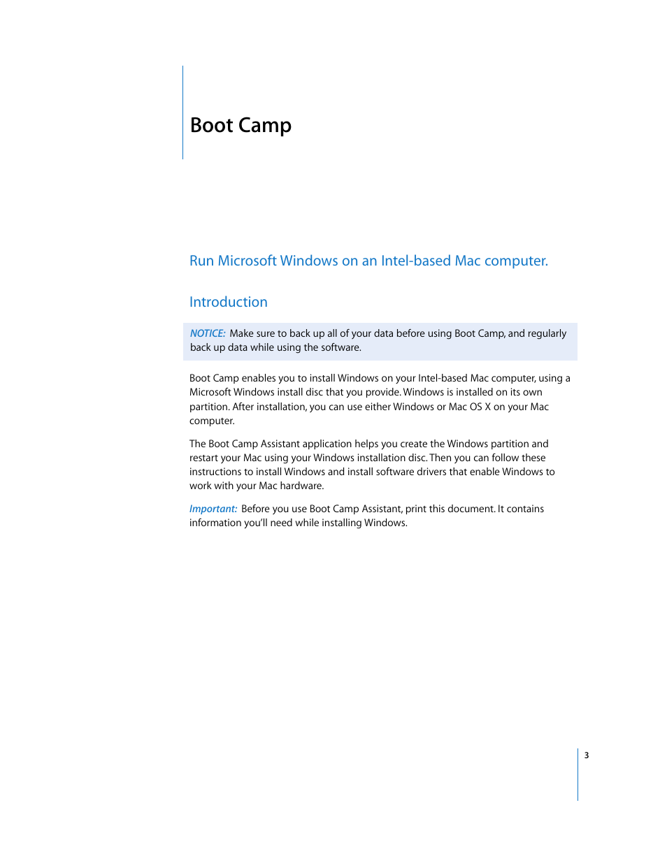 Boot camp, Introduction | Apple Boot Camp (Mac OS X v10.5 Leopard) User Manual | Page 3 / 25