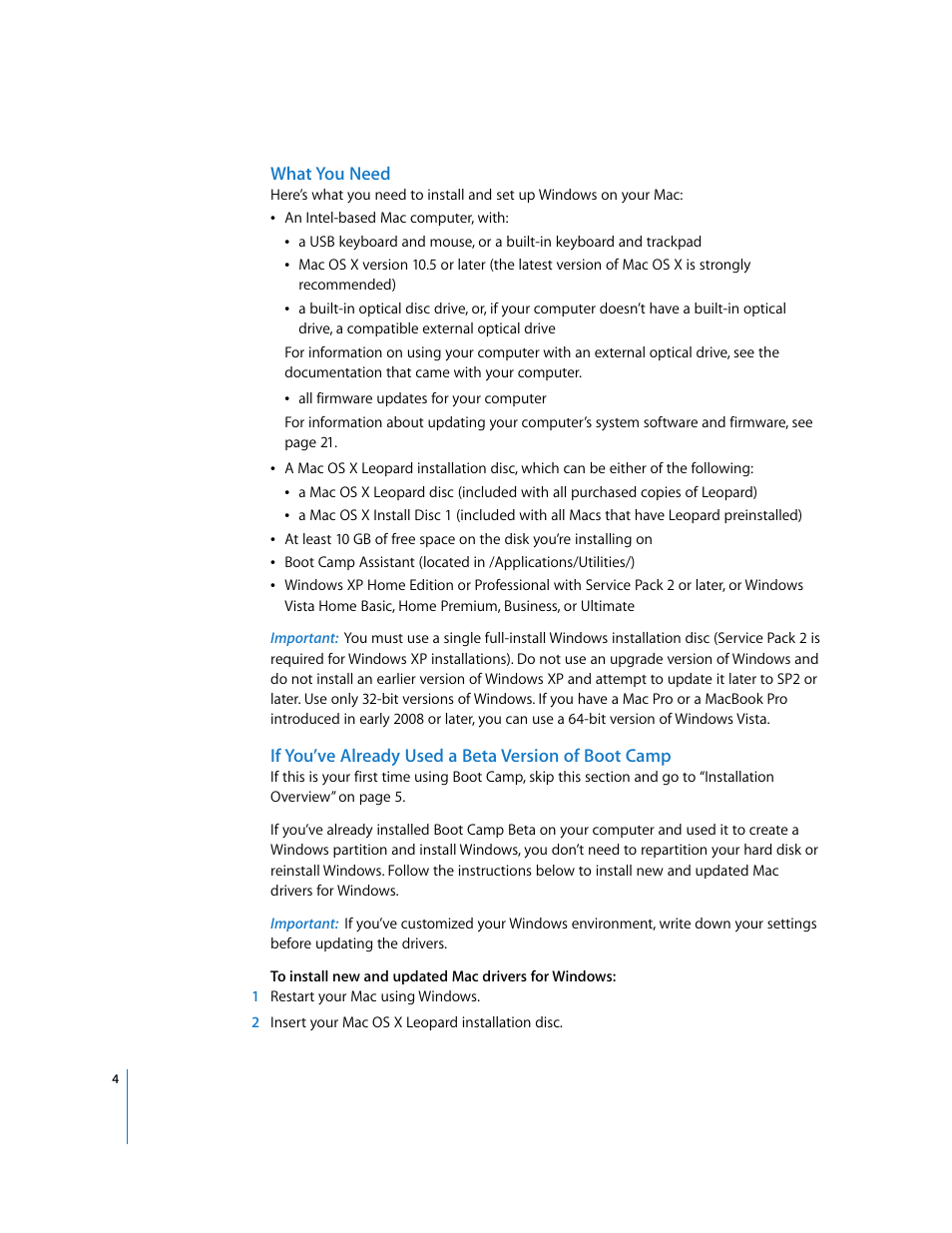 What you need, If you’ve already used a beta version of boot camp | Apple Boot Camp (Mac OS X v10.5 Leopard) User Manual | Page 4 / 25