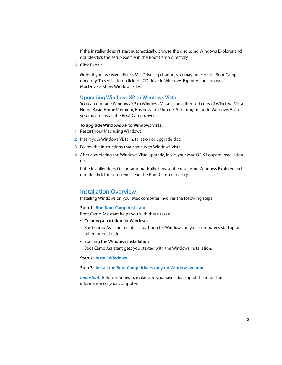Upgrading windows xp to windows vista, Installation overview | Apple Boot Camp (Mac OS X v10.5 Leopard) User Manual | Page 5 / 25