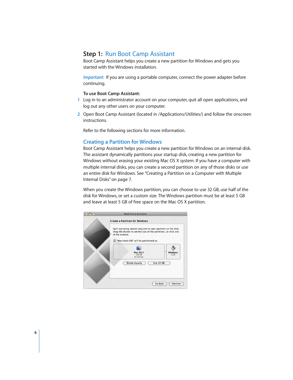 Step 1:run boot camp assistant, Creating a partition for windows, Step 1: run boot camp assistant | Apple Boot Camp (Mac OS X v10.5 Leopard) User Manual | Page 6 / 25