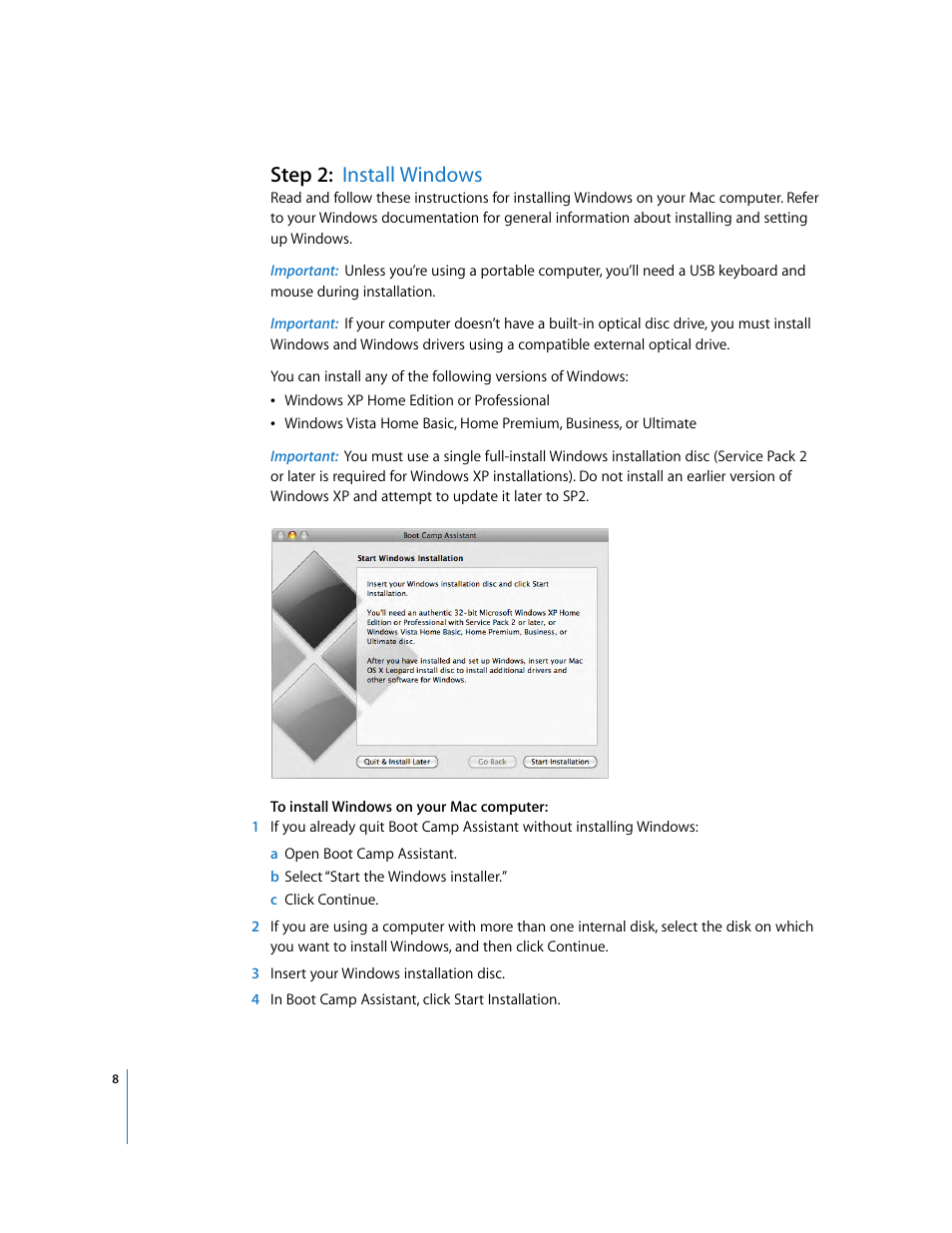 Step 2:install windows, Step 2: install windows | Apple Boot Camp (Mac OS X v10.5 Leopard) User Manual | Page 8 / 25
