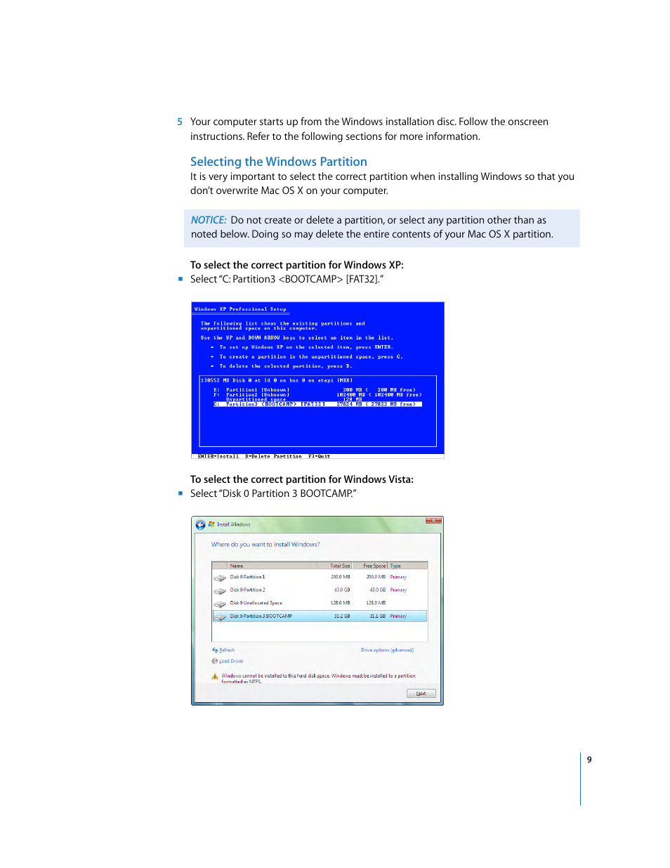 Selecting the windows partition | Apple Boot Camp (Mac OS X v10.5 Leopard) User Manual | Page 9 / 25