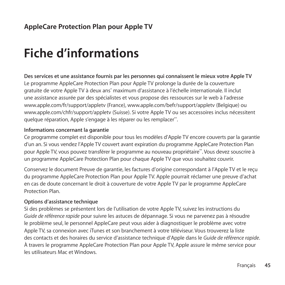 Fiche d’informations, Applecare protection plan pour apple tv | Apple AppleCare Protection Plan for Apple TV User Manual | Page 45 / 112