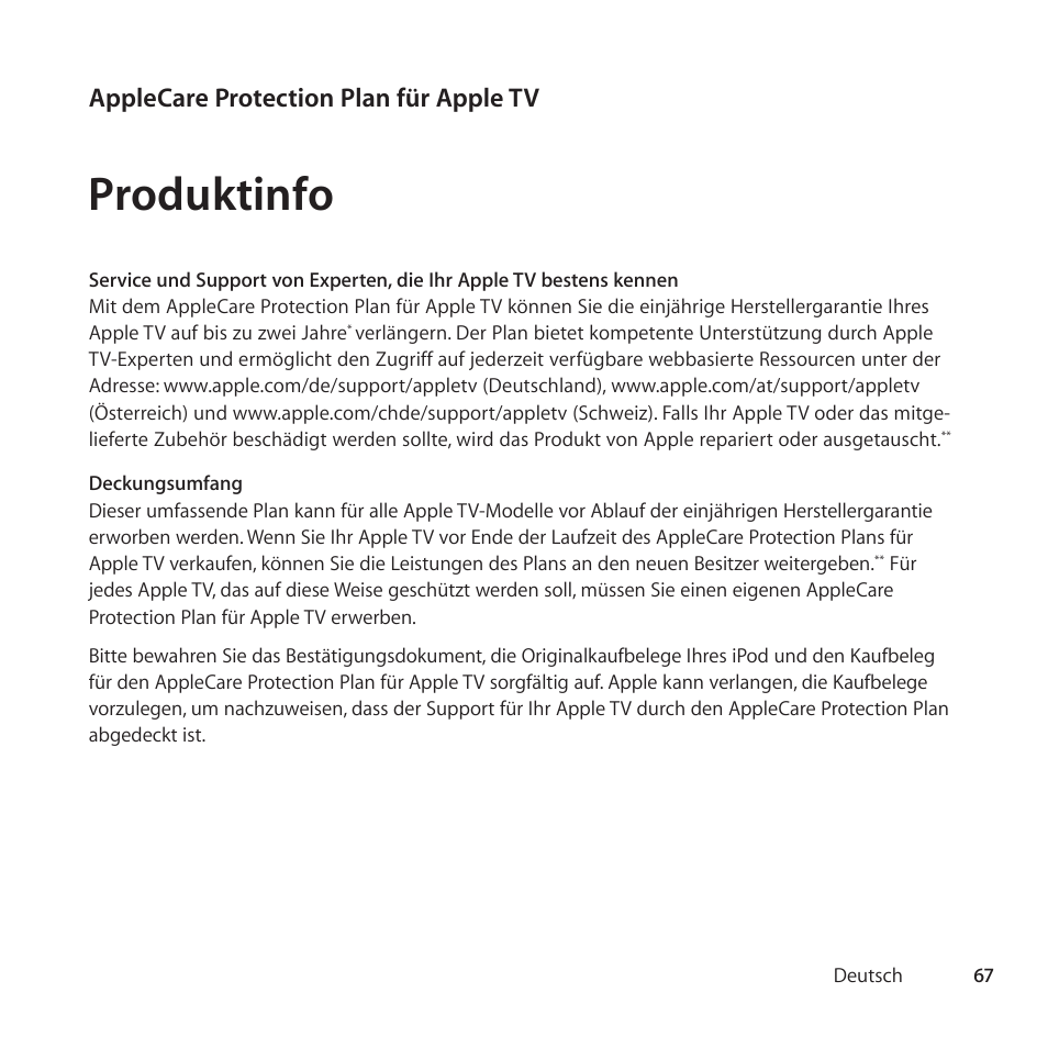 Produktinfo, Applecare protection plan für apple tv | Apple AppleCare Protection Plan for Apple TV User Manual | Page 67 / 112