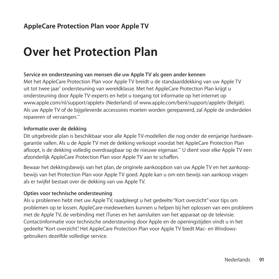 Over het protection plan, Applecare protection plan voor apple tv | Apple AppleCare Protection Plan for Apple TV User Manual | Page 91 / 112