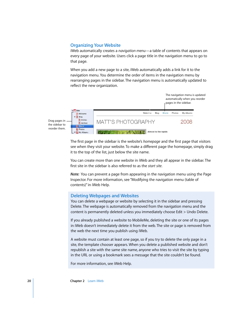 Organizing your website, Deleting webpages and websites | Apple iWeb '08 User Manual | Page 20 / 25