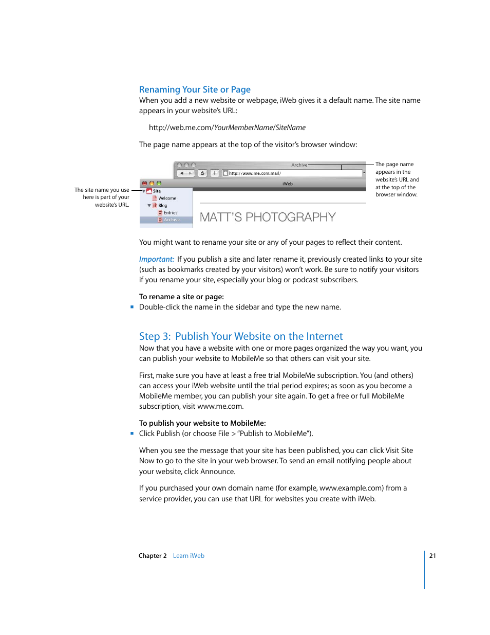 Step 3:publish your website on the internet, Step 3: publish your website on the internet, Renaming your site or page | Apple iWeb '08 User Manual | Page 21 / 25