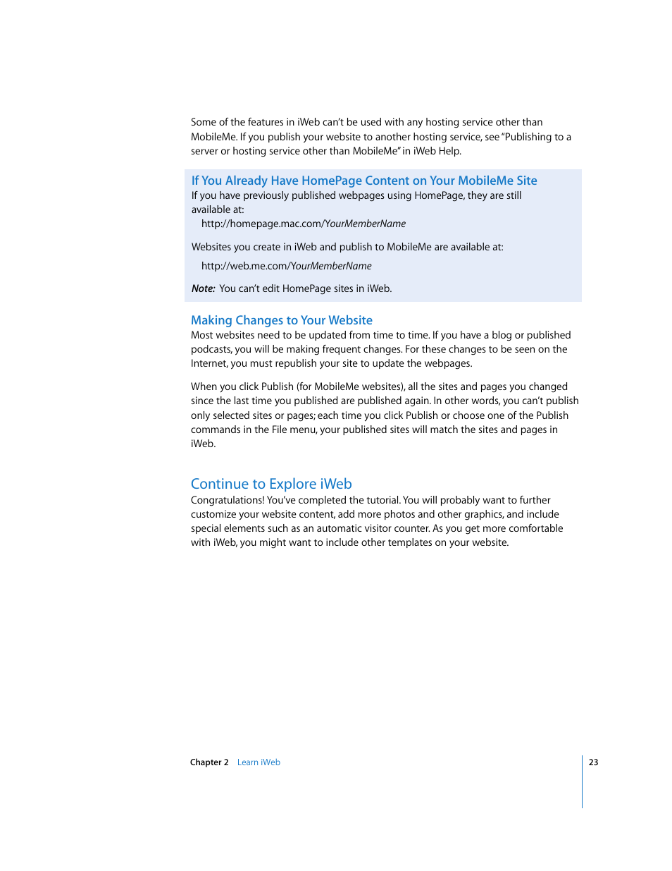Making changes to your website, Continue to explore iweb | Apple iWeb '08 User Manual | Page 23 / 25