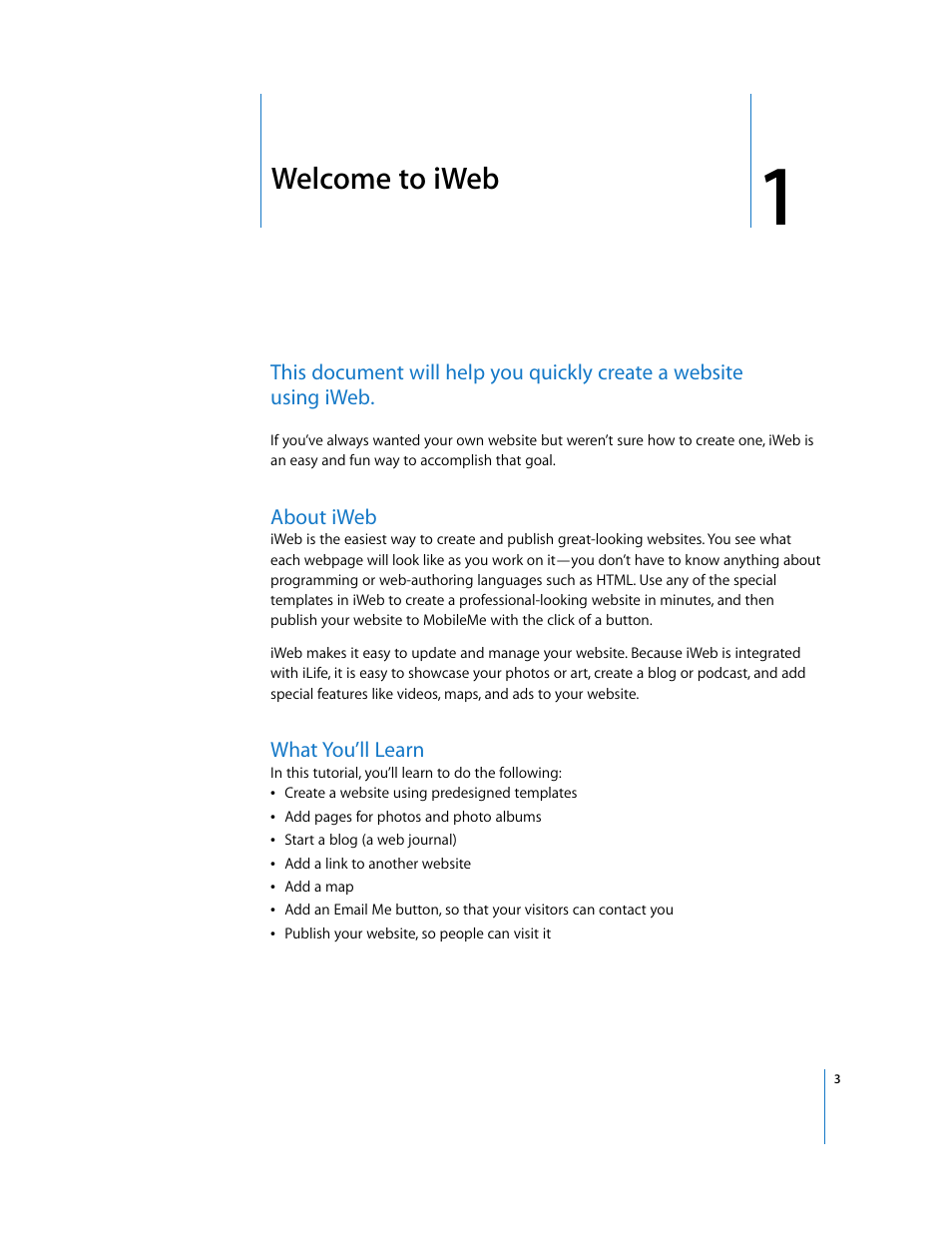 Welcome to iweb, About iweb, What you’ll learn | Chapter 1 | Apple iWeb '08 User Manual | Page 3 / 25