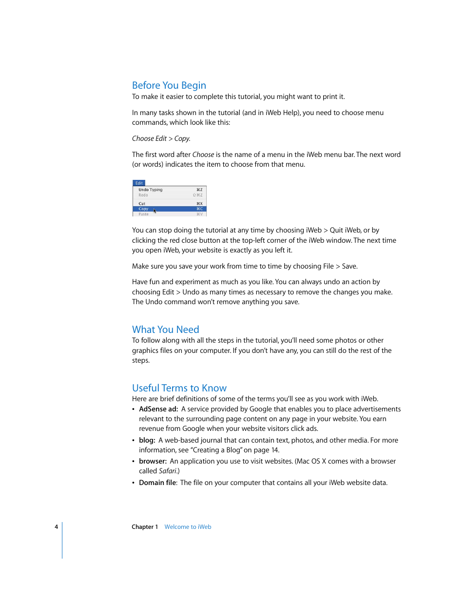 Before you begin, What you need, Useful terms to know | Apple iWeb '08 User Manual | Page 4 / 25