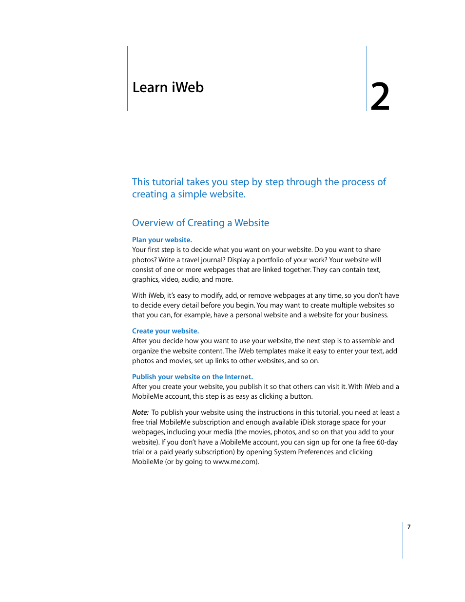 Learn iweb, Overview of creating a website, Chapter 2 | Apple iWeb '08 User Manual | Page 7 / 25