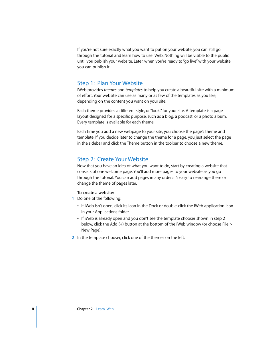 Step 1:plan your website, Step 2:create your website, Step 1: plan your website | Step 2: create your website | Apple iWeb '08 User Manual | Page 8 / 25