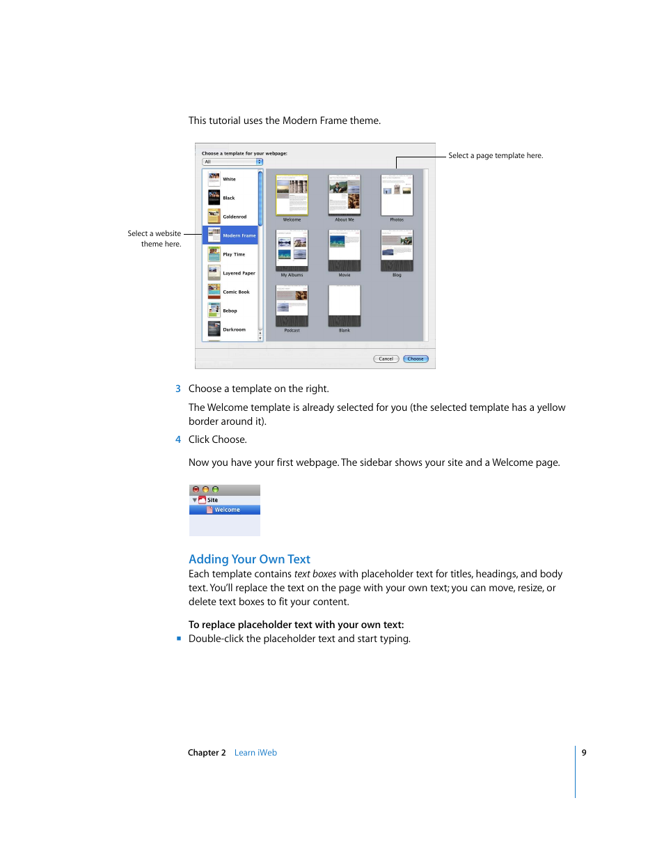 Adding your own text | Apple iWeb '08 User Manual | Page 9 / 25