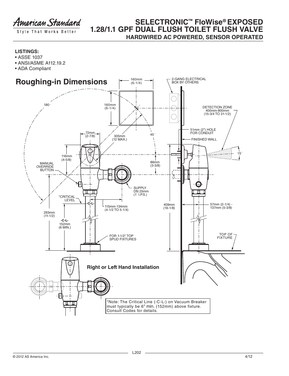 Roughing-in dimensions, Selectronic, Flowise | Hardwired ac powered, sensor operated, Right or left hand installation | American Standard Selectronic FloWise Exposed 1.28/1.1 GPF Dual Flush Toilet Flush Valve 6067.121.002 User Manual | Page 2 / 2