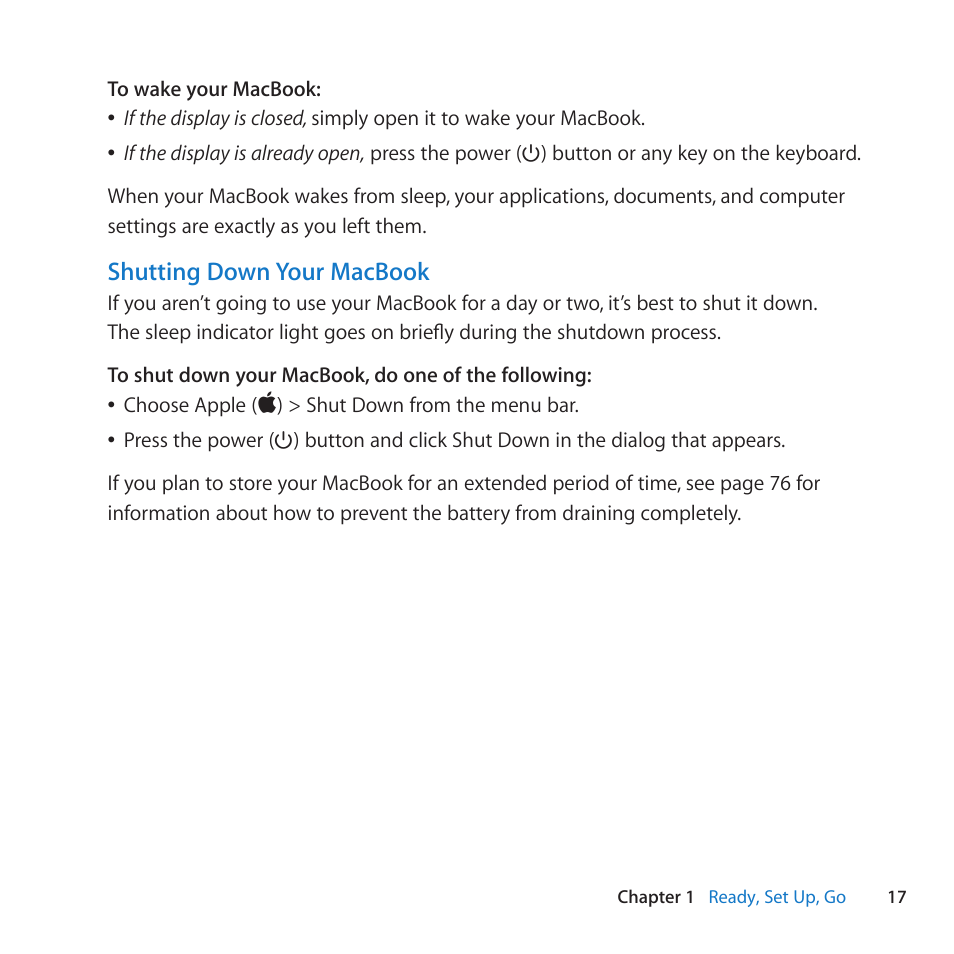 Shutting down your macbook | Apple MacBook (13-inch, Mid 2010) User Manual | Page 17 / 92