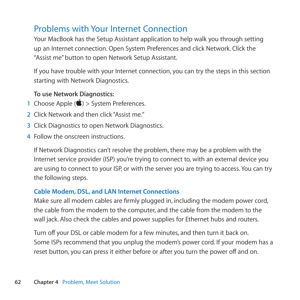 Problems with your internet connection, 62 problems with your internet connection | Apple MacBook (13-inch, Mid 2010) User Manual | Page 62 / 92