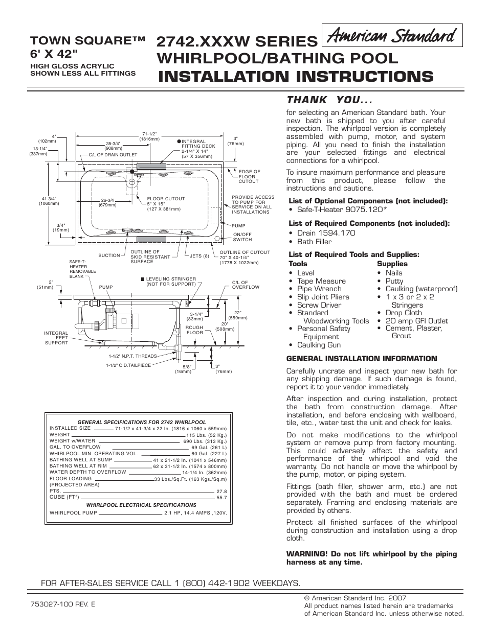 American Standard Town Square 2742.XXXW Series User Manual | 4 pages