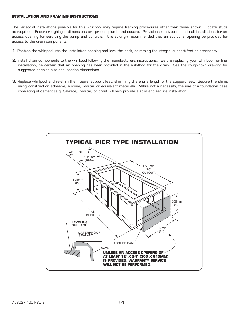 Typical pier type installation | American Standard Town Square 2742.XXXW Series User Manual | Page 2 / 4