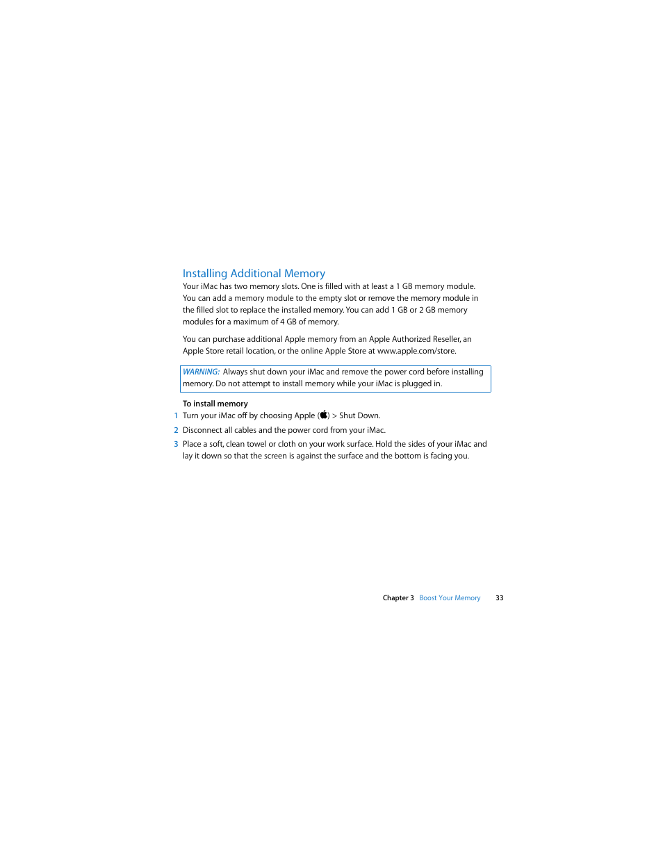 Installing additional memory | Apple iMac (Early 2008) User Manual | Page 33 / 76