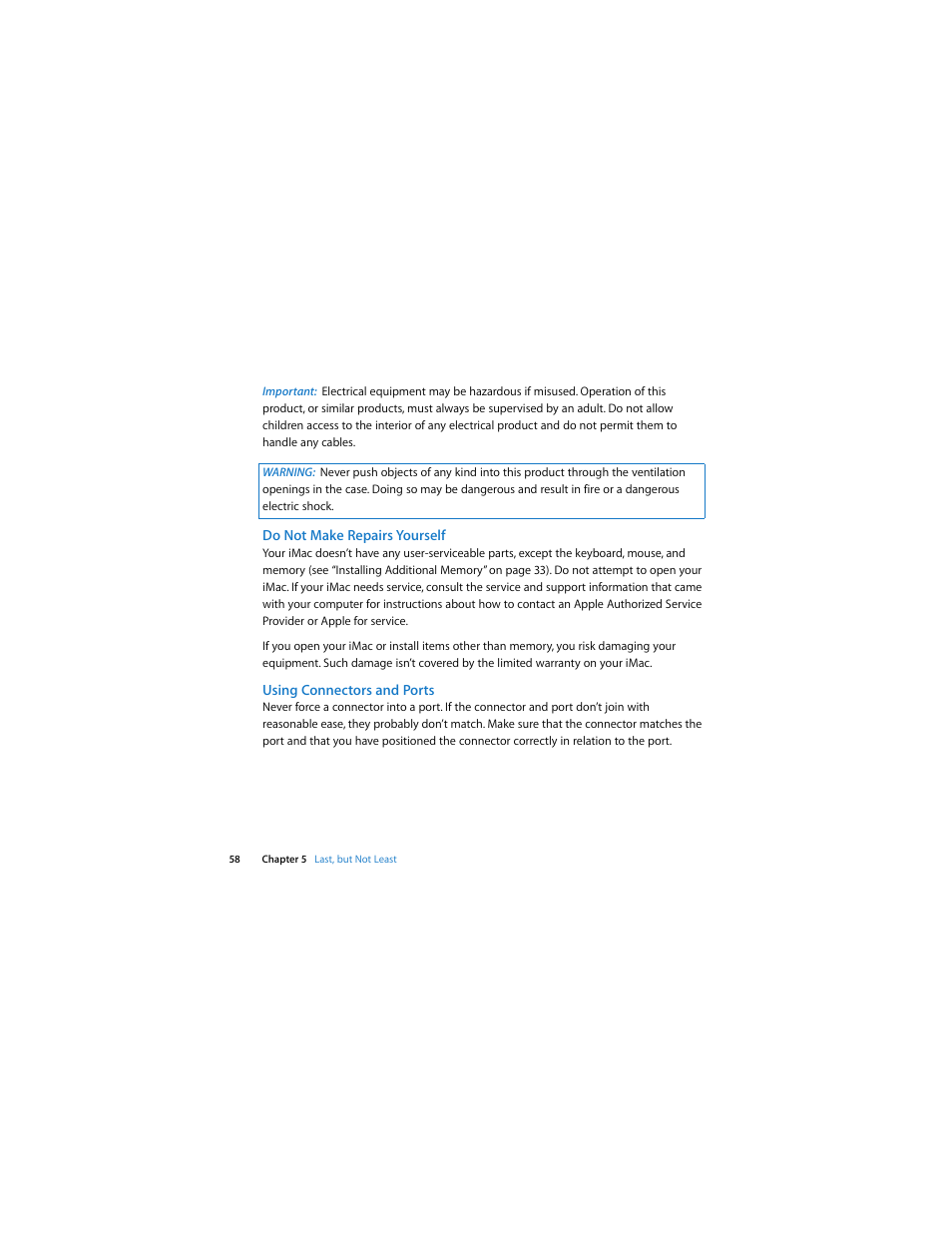 Do not make repairs yourself, Using connectors and ports | Apple iMac (Early 2008) User Manual | Page 58 / 76
