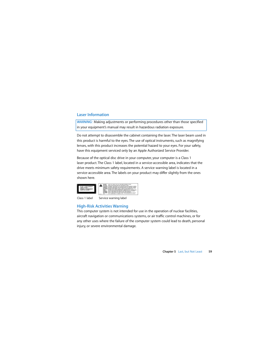 Laser information, High-risk activities warning | Apple iMac (Early 2008) User Manual | Page 59 / 76