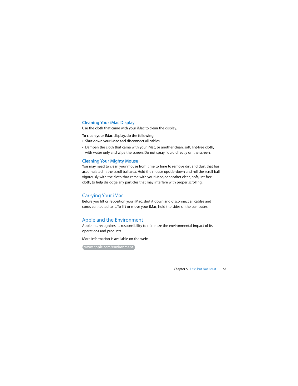 Cleaning your imac display, Cleaning your mighty mouse, Carrying your imac | Apple and the environment | Apple iMac (Early 2008) User Manual | Page 63 / 76
