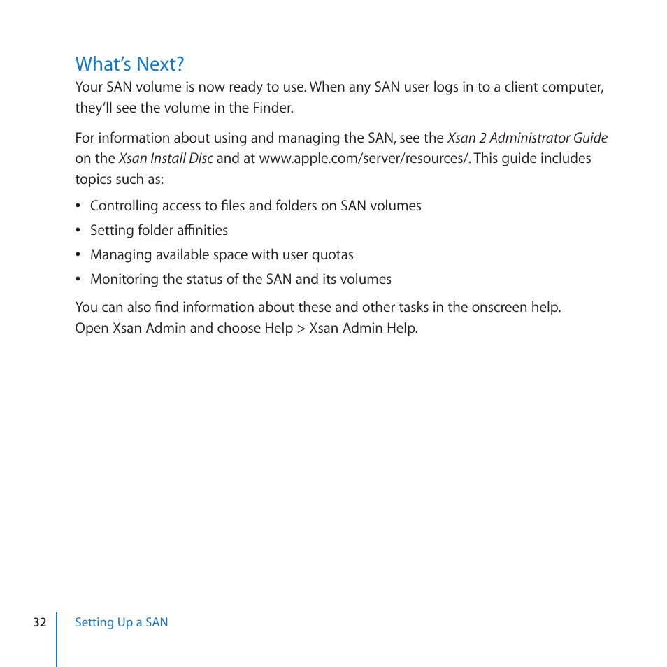 What’s next, 32 what’s next | Apple Xsan 2 (Third Edition) User Manual | Page 32 / 32