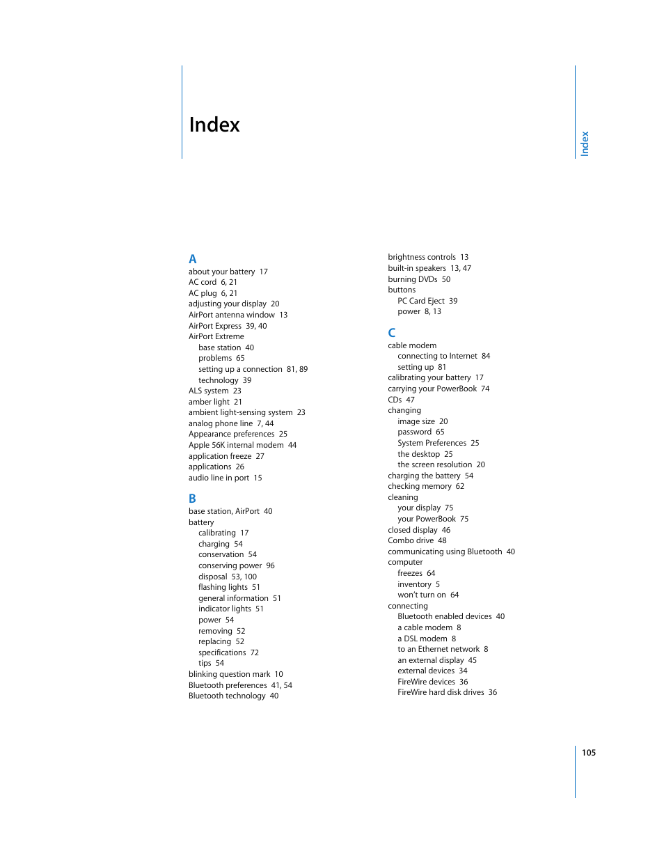 Index | Apple PowerBook G4 (15-inch, Double Layer Super Drive) User Manual | Page 105 / 112