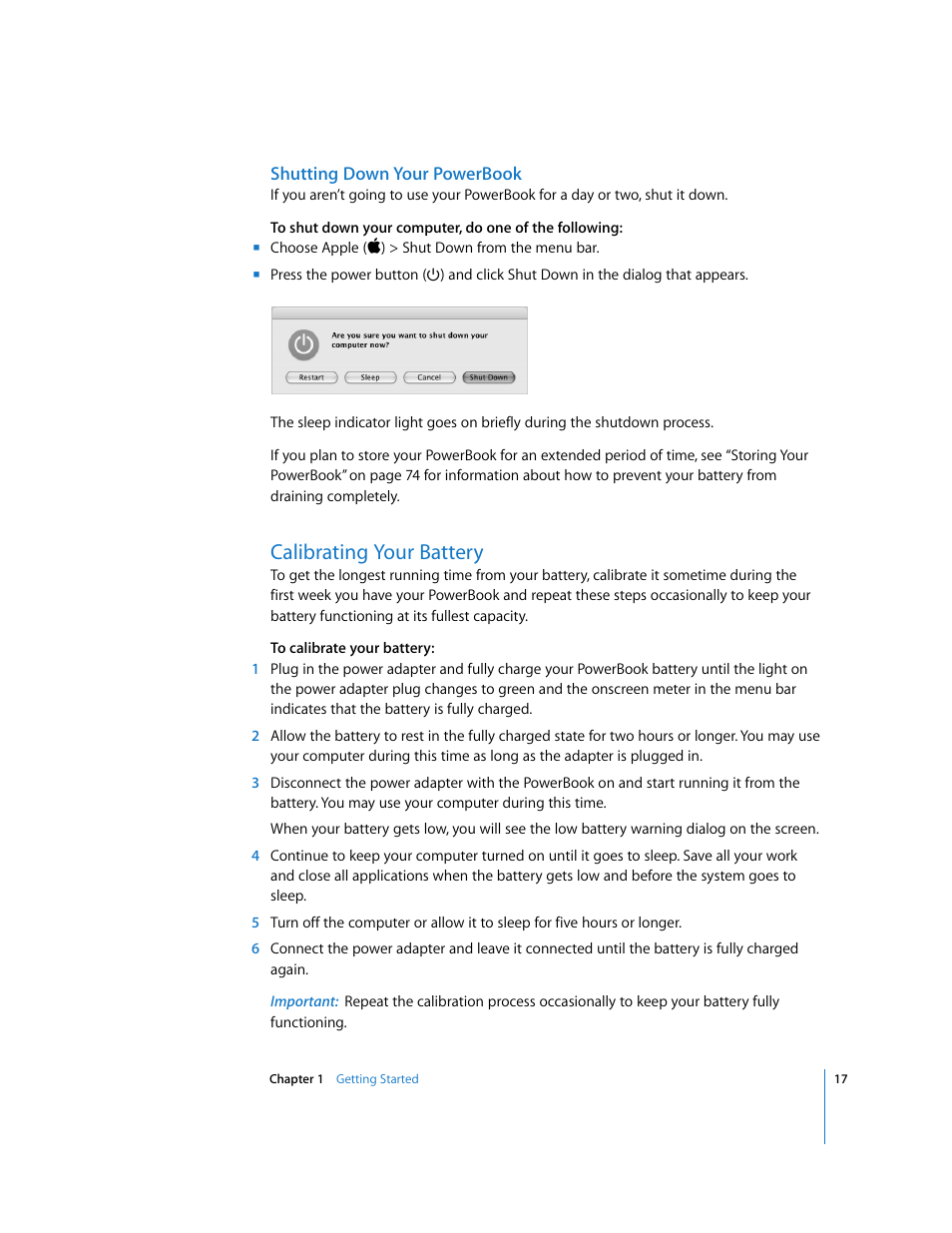 Calibrating your battery | Apple PowerBook G4 (15-inch, Double Layer Super Drive) User Manual | Page 17 / 112