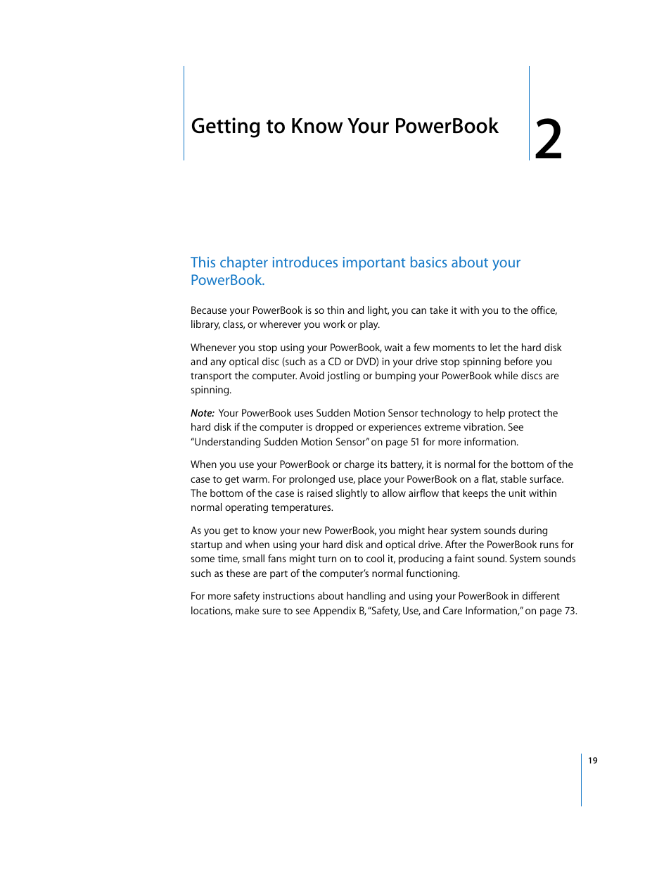 Getting to know your powerbook, Chapter 2, Check out chapter 2, “getting to | Apple PowerBook G4 (15-inch, Double Layer Super Drive) User Manual | Page 19 / 112