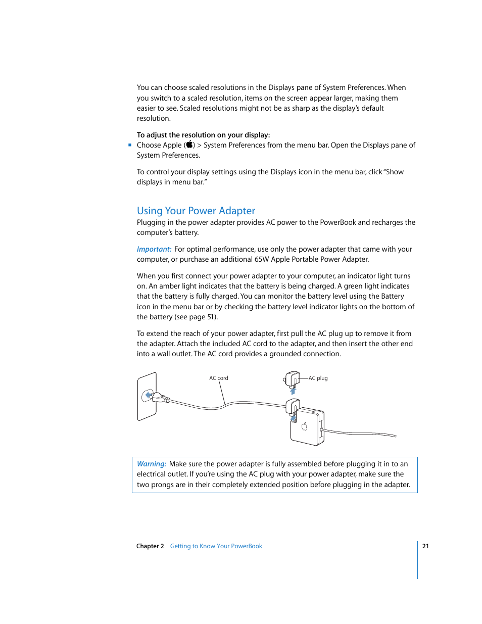 Using your power adapter | Apple PowerBook G4 (15-inch, Double Layer Super Drive) User Manual | Page 21 / 112