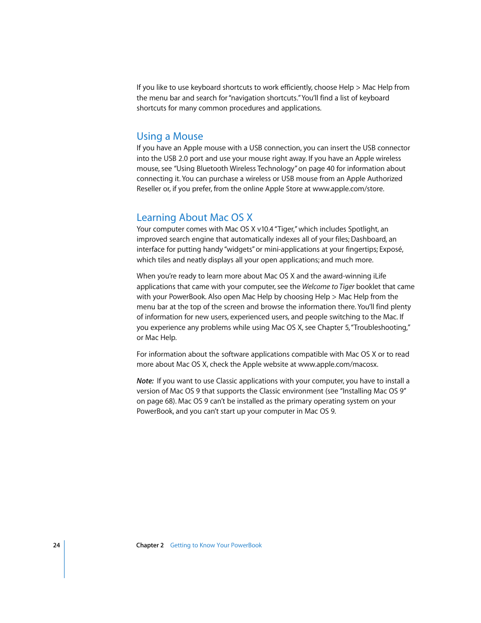 Using a mouse, Learning about mac os x | Apple PowerBook G4 (15-inch, Double Layer Super Drive) User Manual | Page 24 / 112
