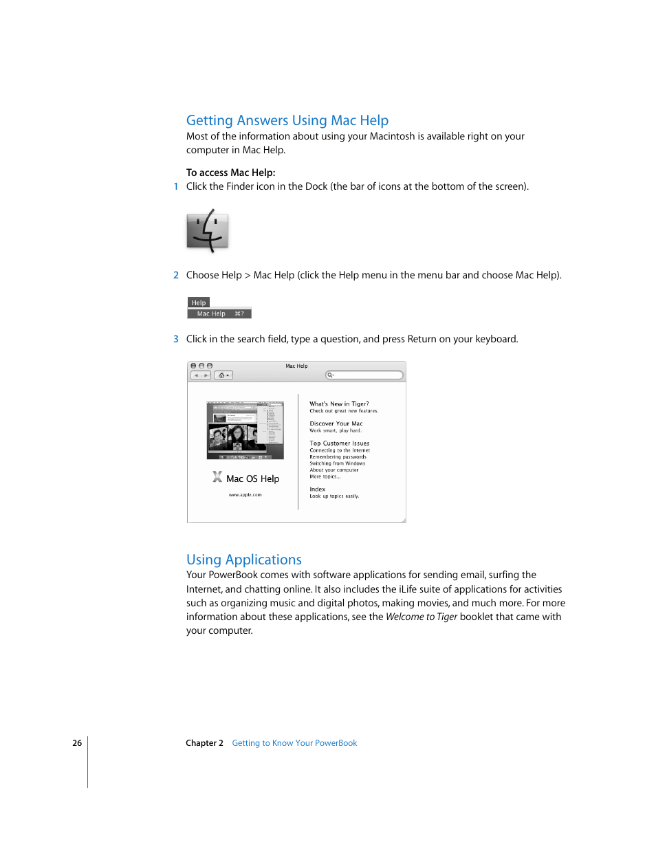 Getting answers using mac help, Using applications | Apple PowerBook G4 (15-inch, Double Layer Super Drive) User Manual | Page 26 / 112