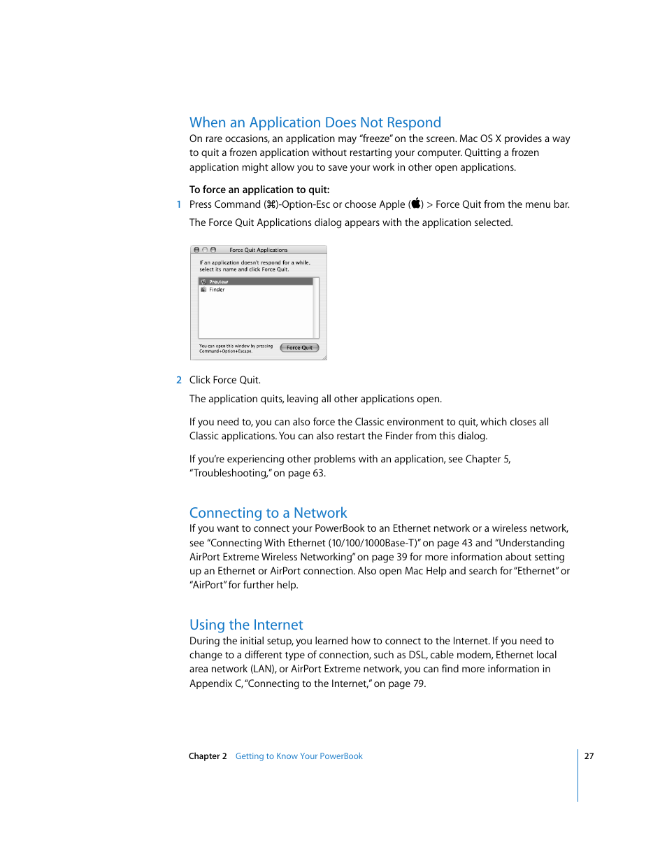 When an application does not respond, Connecting to a network, Using the internet | Apple PowerBook G4 (15-inch, Double Layer Super Drive) User Manual | Page 27 / 112