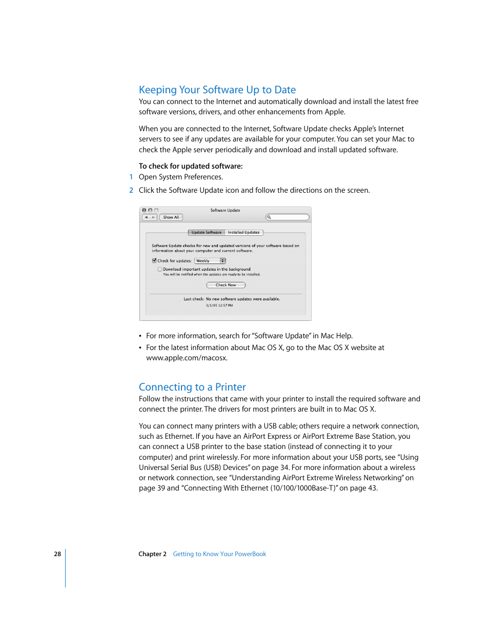 Keeping your software up to date, Connecting to a printer | Apple PowerBook G4 (15-inch, Double Layer Super Drive) User Manual | Page 28 / 112