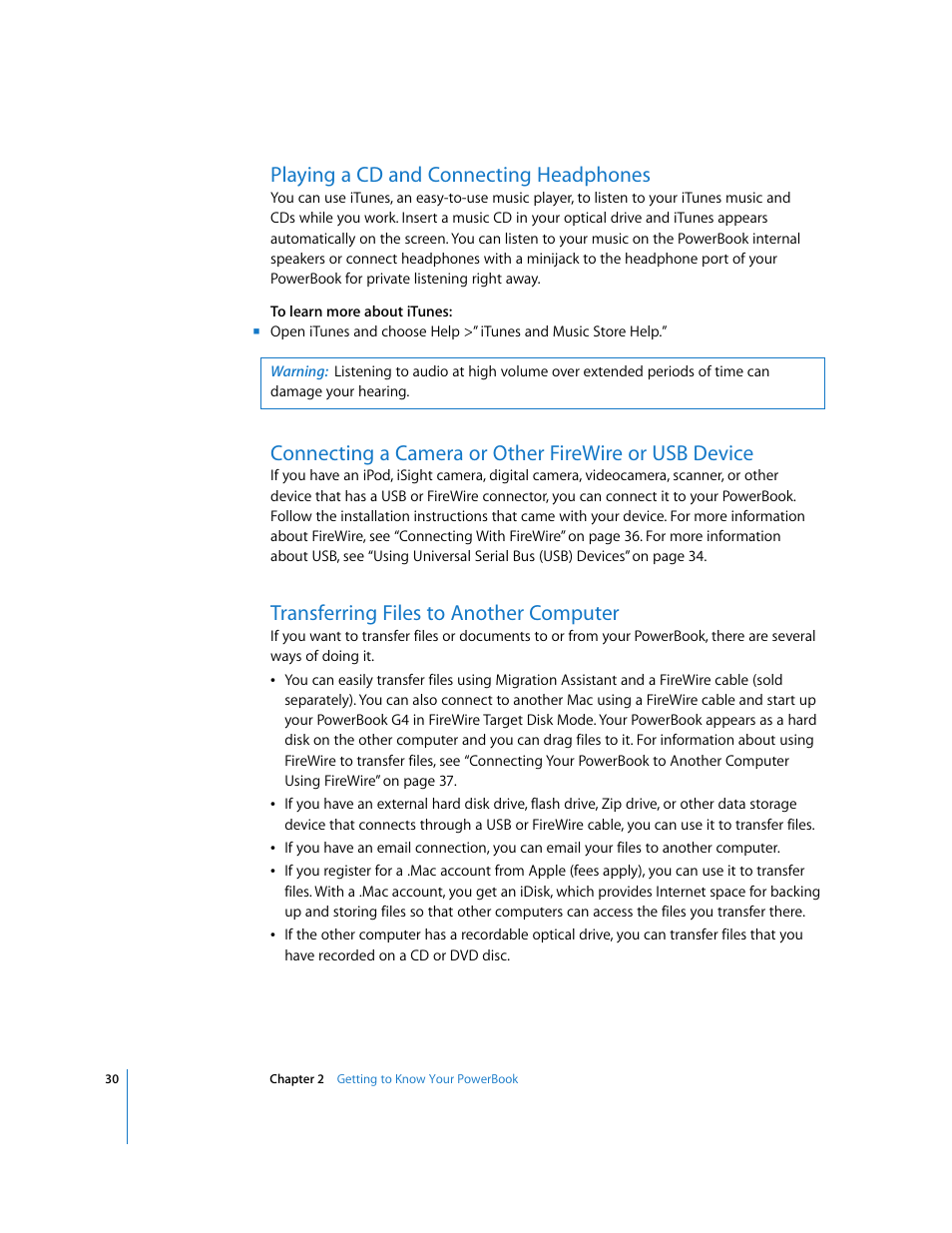 Playing a cd and connecting headphones, Transferring files to another computer | Apple PowerBook G4 (15-inch, Double Layer Super Drive) User Manual | Page 30 / 112