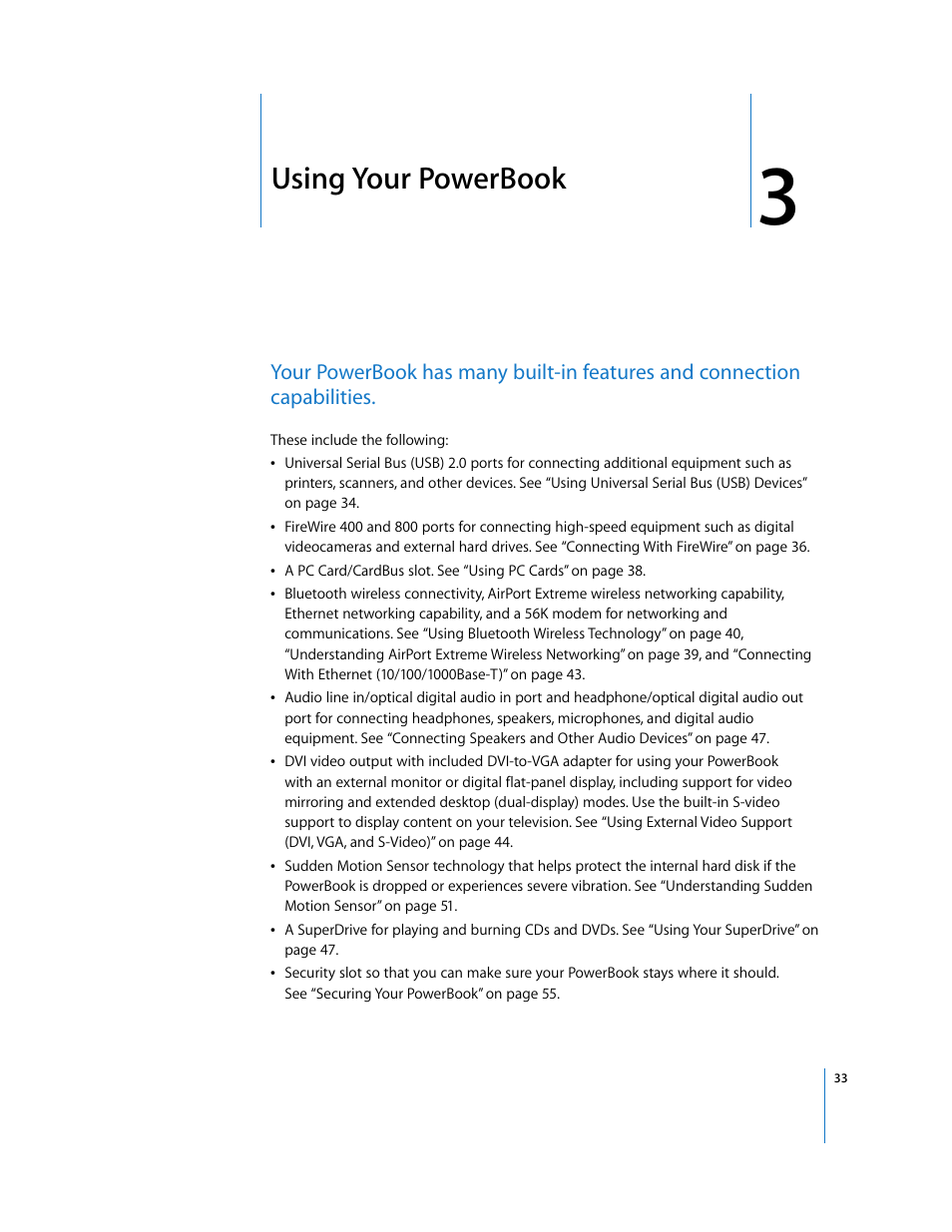 Using your powerbook, Chapter 3 | Apple PowerBook G4 (15-inch, Double Layer Super Drive) User Manual | Page 33 / 112