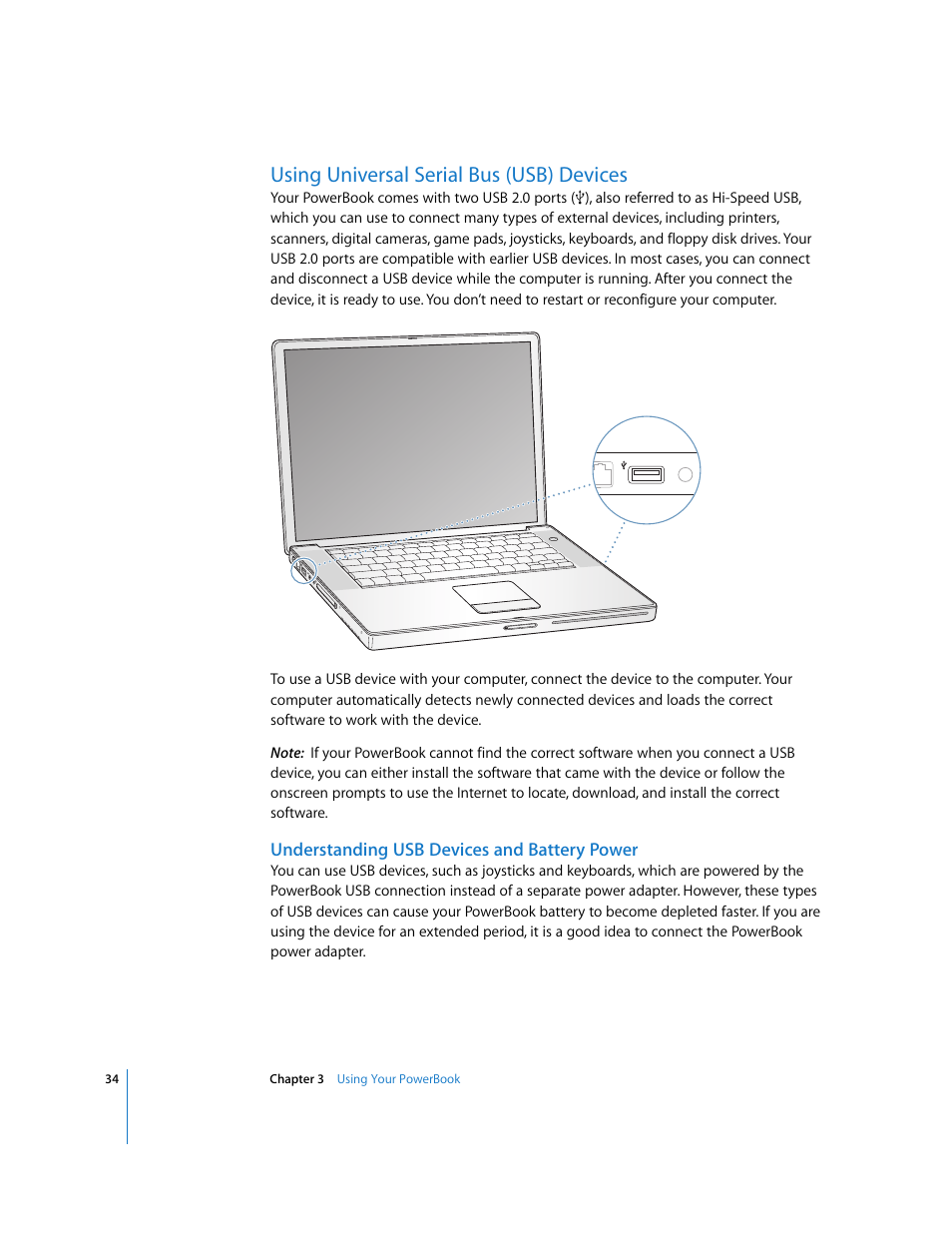 Using universal serial bus (usb) devices, Understanding usb devices and battery power | Apple PowerBook G4 (15-inch, Double Layer Super Drive) User Manual | Page 34 / 112