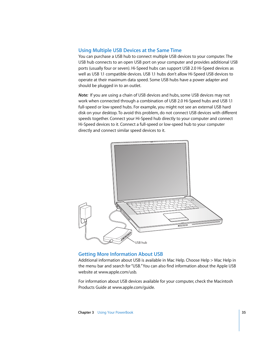 Using multiple usb devices at the same time, Getting more information about usb | Apple PowerBook G4 (15-inch, Double Layer Super Drive) User Manual | Page 35 / 112