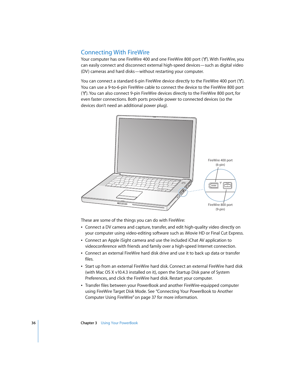 Connecting with firewire | Apple PowerBook G4 (15-inch, Double Layer Super Drive) User Manual | Page 36 / 112