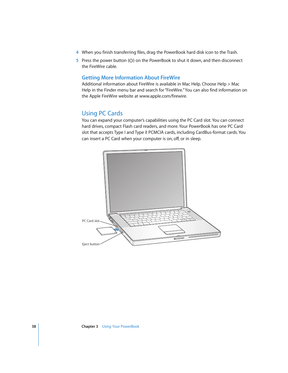 Using pc cards, Getting more information about firewire | Apple PowerBook G4 (15-inch, Double Layer Super Drive) User Manual | Page 38 / 112
