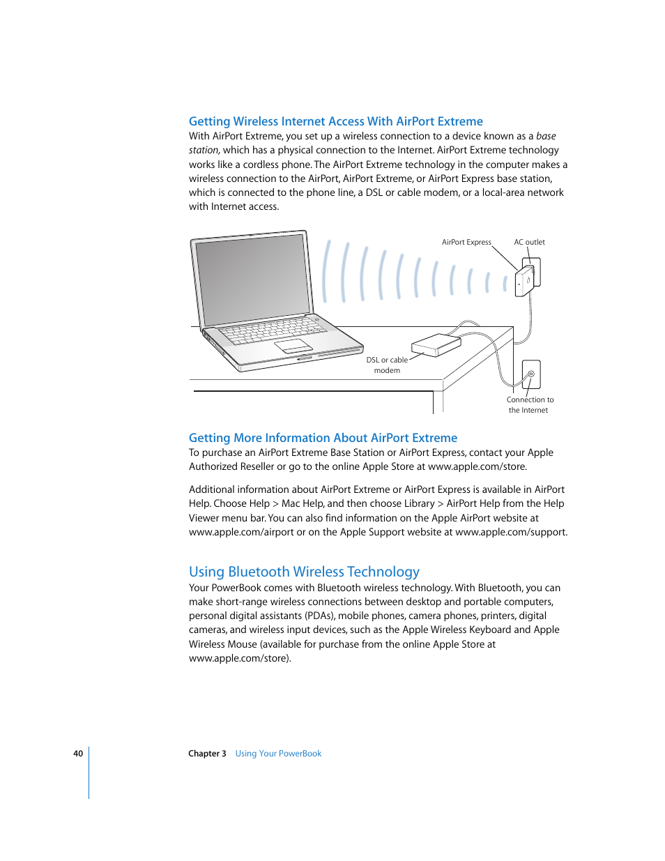 Using bluetooth wireless technology, Getting more information about airport extreme | Apple PowerBook G4 (15-inch, Double Layer Super Drive) User Manual | Page 40 / 112