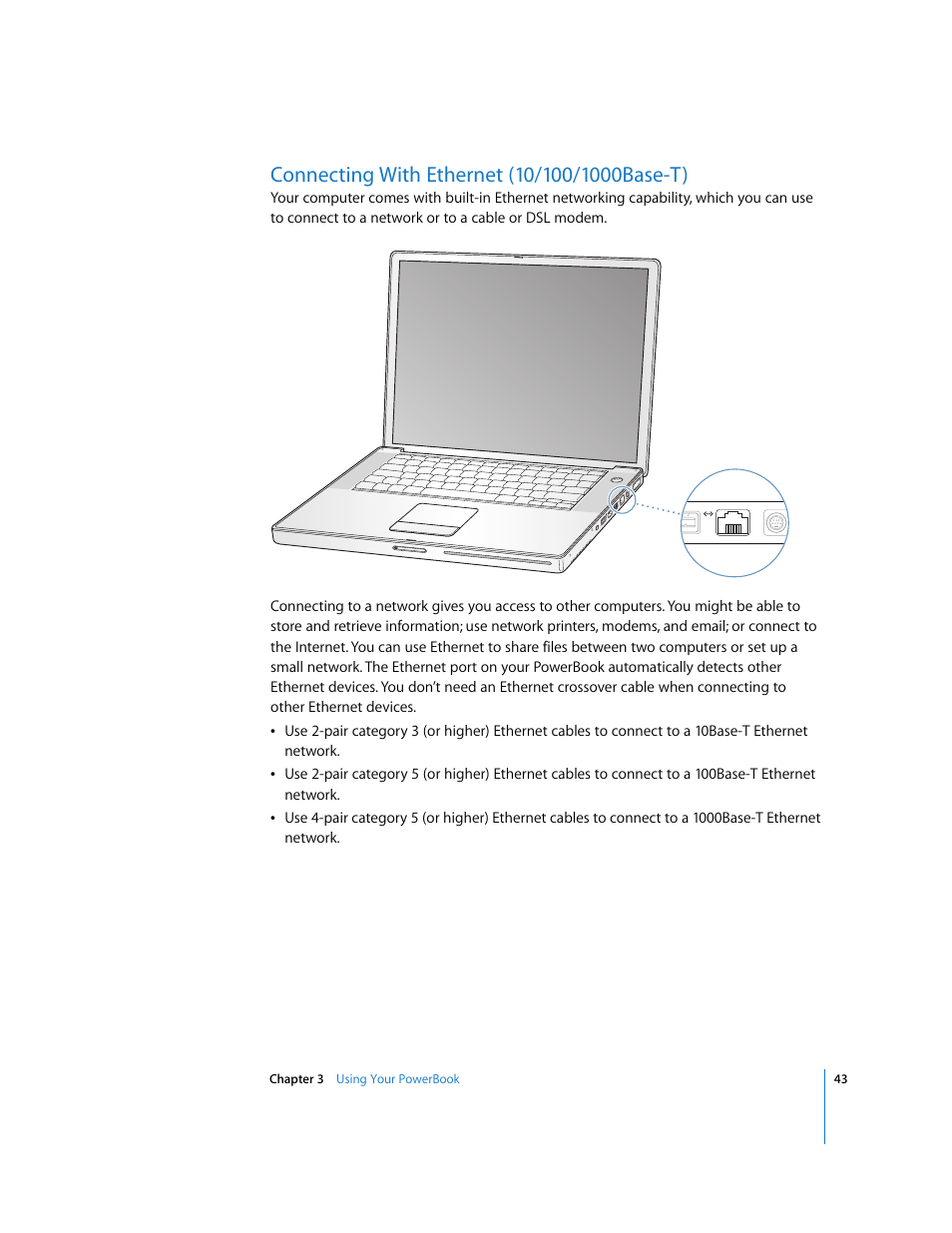 Connecting with ethernet (10/100/1000base-t) | Apple PowerBook G4 (15-inch, Double Layer Super Drive) User Manual | Page 43 / 112