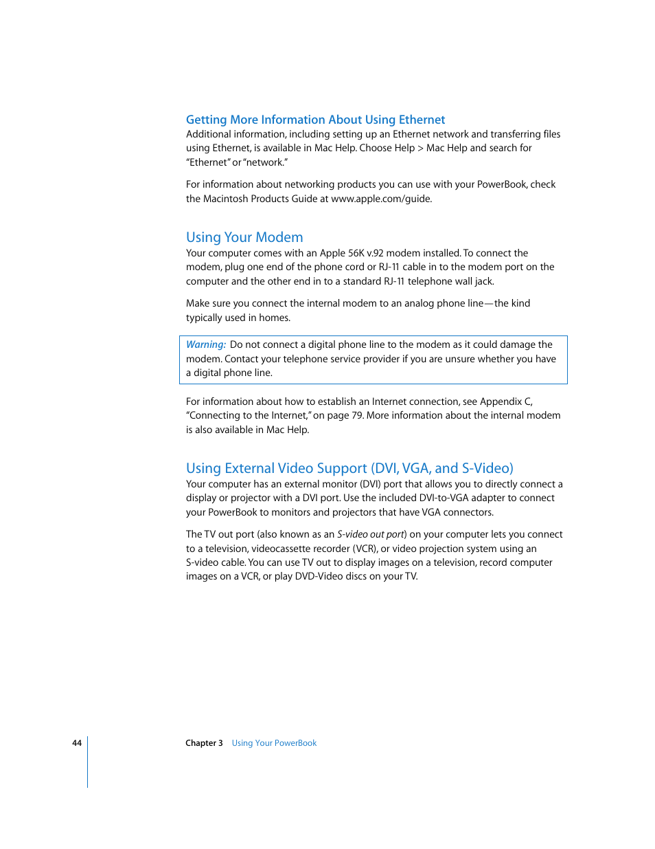 Using your modem | Apple PowerBook G4 (15-inch, Double Layer Super Drive) User Manual | Page 44 / 112