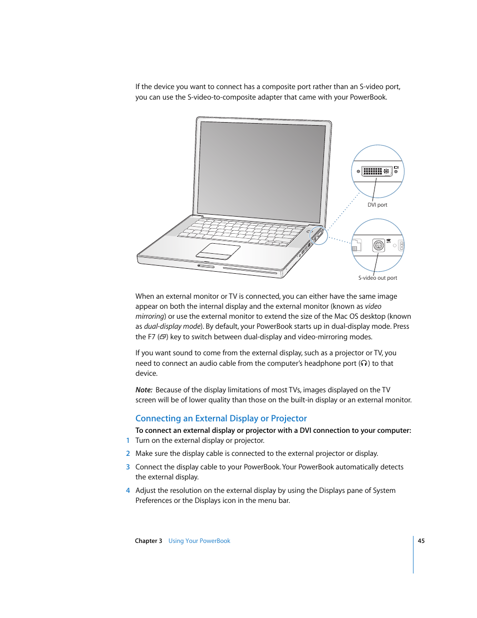 Connecting an external display or projector | Apple PowerBook G4 (15-inch, Double Layer Super Drive) User Manual | Page 45 / 112